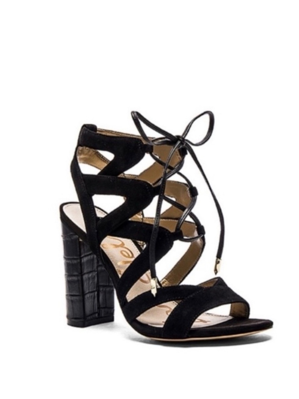 Sam Edelman Yardley Black Suede Lace-Up Croc-Embossed Block Heel Sandals